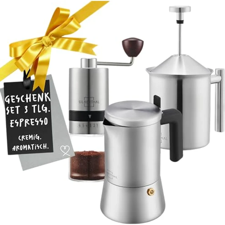 SILBERTHAL Geschenkset 3-teilig, Espressokocher 300 ml für 3-6 Tassen, inklusive Milchaufschäumer, Edelstahl und Glas – Bild 1