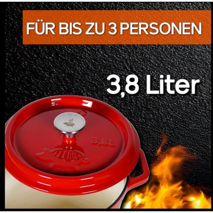 Grillschweine Dutch Oven Emailliert, 3,8L Feuertopf in Rot mit Picots für perfektes Garen, leicht zu reinigen und für alle Wärmequellen geeignet – Bild 3
