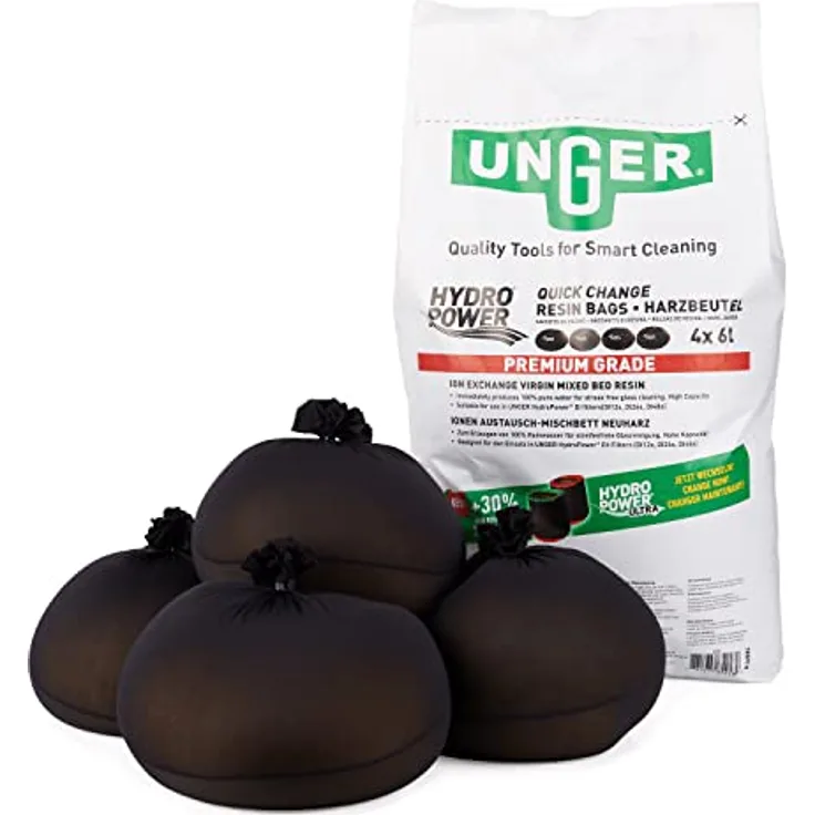 UNGER QuickChange Harzbeutel 24 l (4 Beutel, für Reinwasser-Reinigung, Harztaschen, vorportioniert Premium Ionen-Austauschharz) DIB84