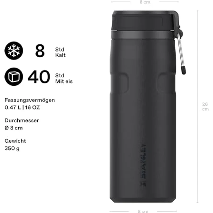 STANLEY IceFlowBottle Twist Flip 0.47L, auslaufsichere Trinkflasche mit doppelwandiger Vakuumisolierung, 8 Stunden kühlend, 40 Stunden eisgekühlt, spülmaschinenfest, recycelter Edelstahl, BPA-frei, Black 2.0 – Bild 2