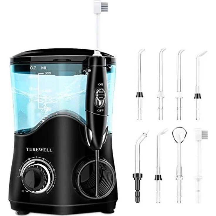 TUREWELL Elektrische Munddusche, Profi-Munddusche mit 10 einstellbaren Wasserdruckwerten, 600ml Fassungsvermögen und 8 multifunktionalen Düsenspitzen (Schwarz) – Bild 1