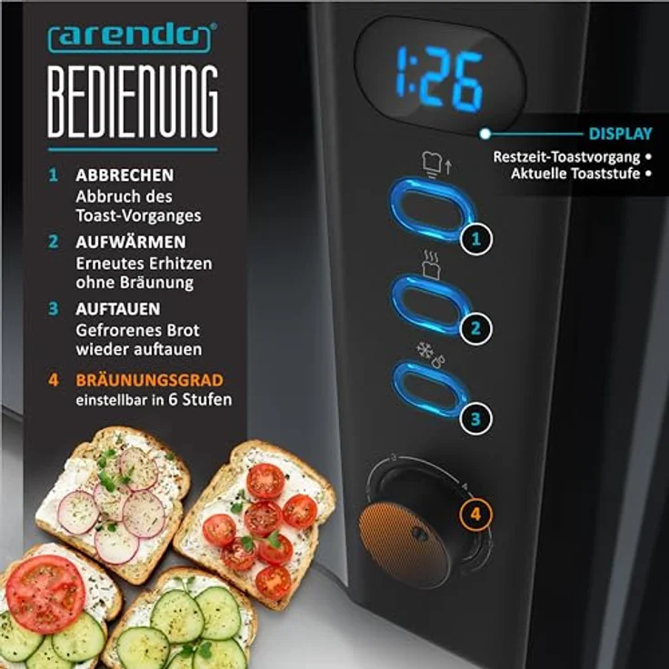 Arendo Frukost Edelstahl Toaster Langschlitz 4 Scheiben mit Defrost Funktion, wärmeisolierendem Gehäuse, integriertem Brötchenaufsatz, Krümelschublade und Display Restzeitanzeige in Klavierlack schwarz – Bild 3