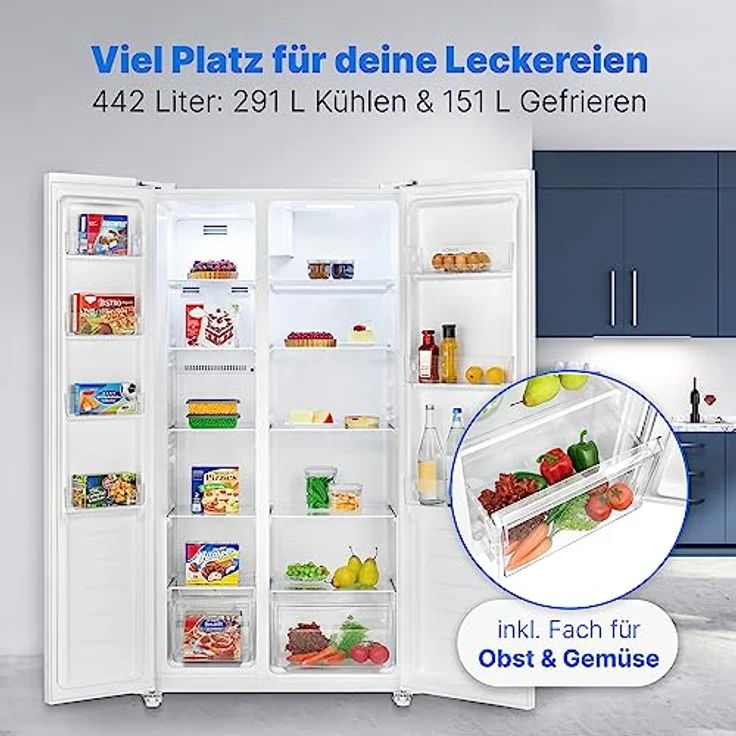 Bomann® Side by Side Kühl Gefrierkombination mit Total No Frost und 442L Nutzinhalt, Kühlschrank Side by Side mit MultiAirflow-Technologie, Verbrauch 287 kWh/Jahr - 177x90x59cm - SBS 7344 weiß – Bild 3