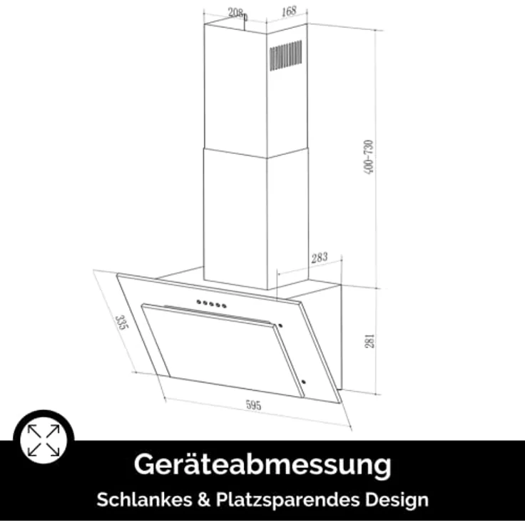 PKM S13-60BBPY, Motorhaube, Kamin abgewinkelt, Breite: 59.5 cm, Tiefe: 28.3 cm, Absaugung und Rückführung (mit zusätzlichem Rückführungsset), Matt Black – Bild 10