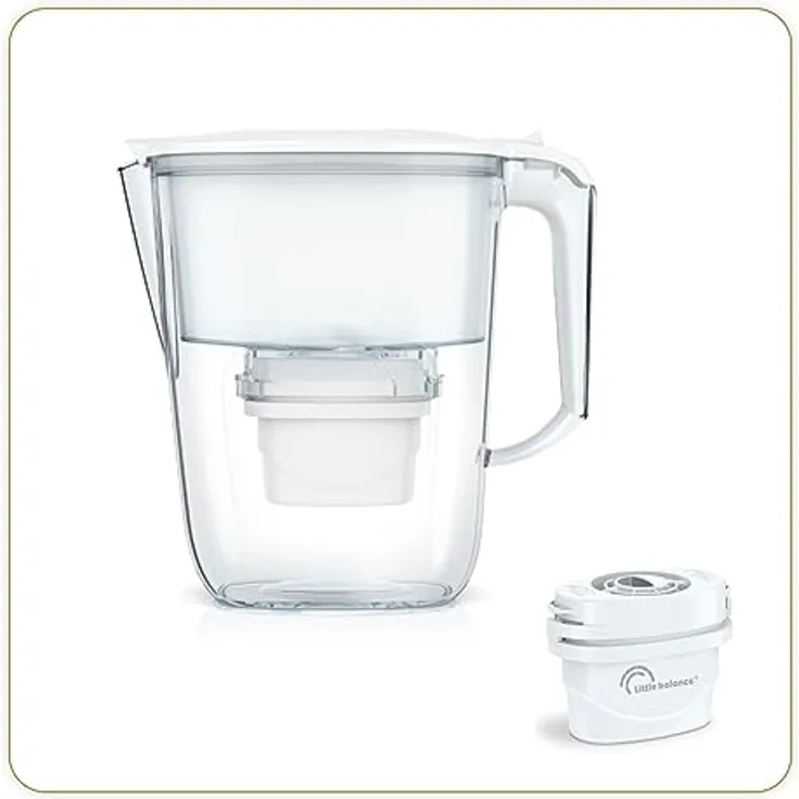 LITTLE BALANCE 8592 Filterkaraffe transparent + 3 Filterkartuschen, reduziert Mikroplastik, Chlor, Kalk und andere Verunreinigungen, 2,5 l, ultraschneller Durchfluss, BPA-freier Kunststoff, weiß