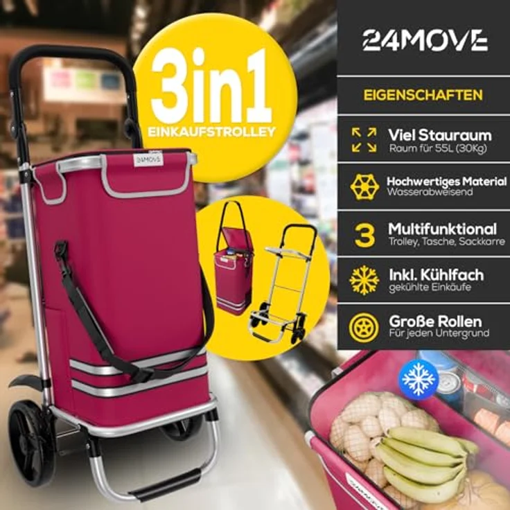 24MOVE® Vehlo Einkaufstrolley klappbar mit 55L Kühlfach, faltbarer 3in1 Trolley - Sackkarre und Tasche, bis 30kg belastbar, rot – Bild 3