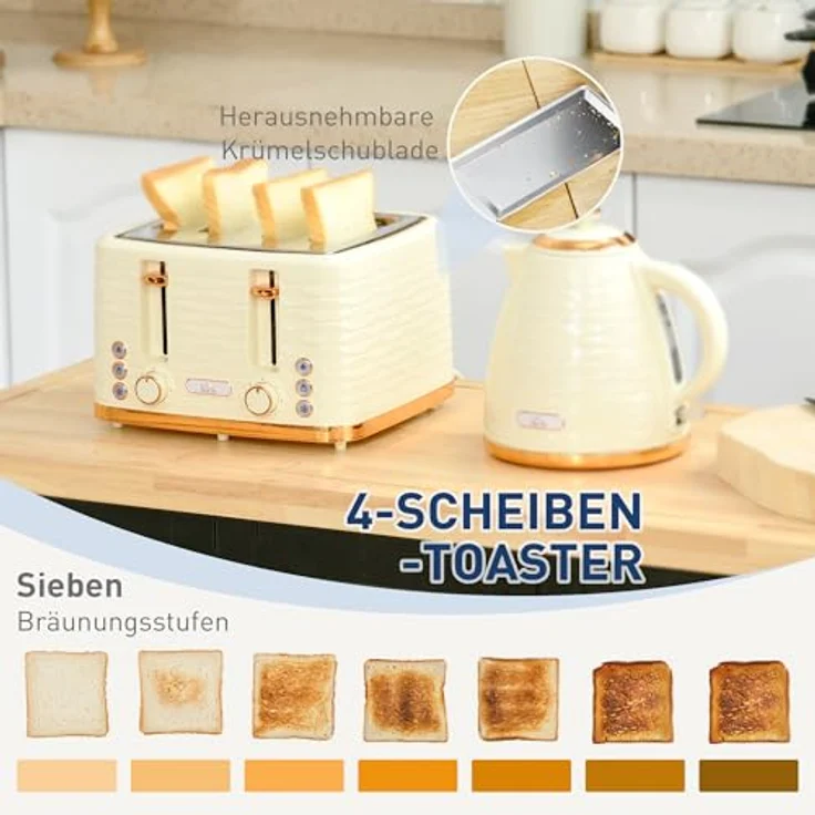 HOMCOM Wasserkocher-Toaster-Set, 1,7 L und 4-Scheiben-Toaster, präzise Temperaturregelung, beige – Bild 4