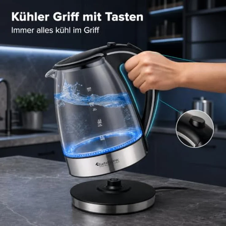 TurboTronic TT-LED01 Wasserkocher, 2200 W Glas mit 1,7 l Fassungsvermögen und blauer LED-Innenbeleuchtung, BPA-frei – Bild 2