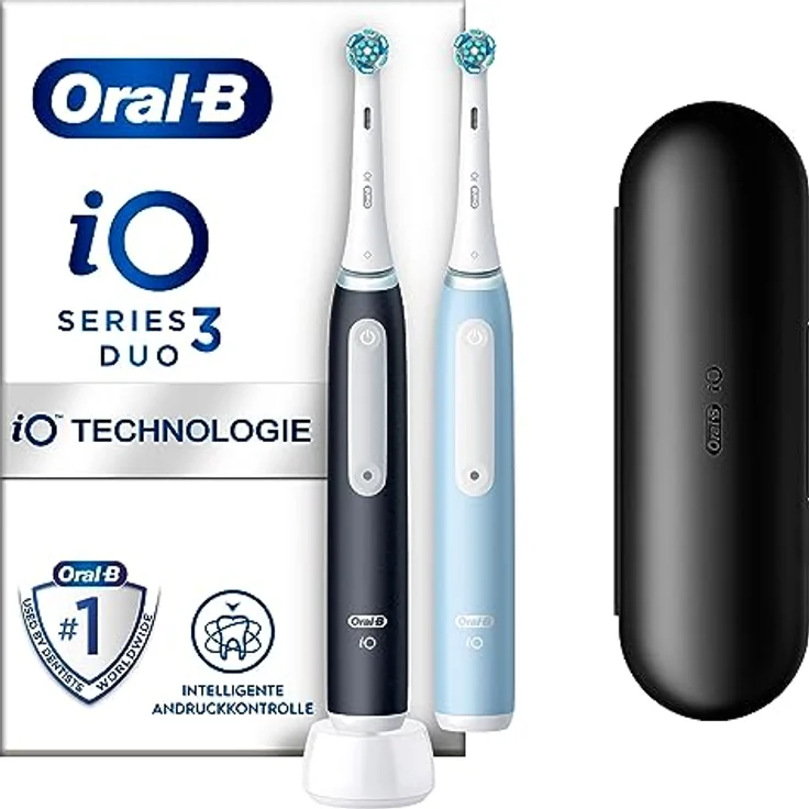 Oral-B iO Series 3n Elektrische Zahnbürste/Electric Toothbrush, Doppelpack, 3 Putzmodi inkl. Sensitive Zahnpflegee, Drucksensor & Timer, Designed by Braun, matt black/ice blue – Bild 1