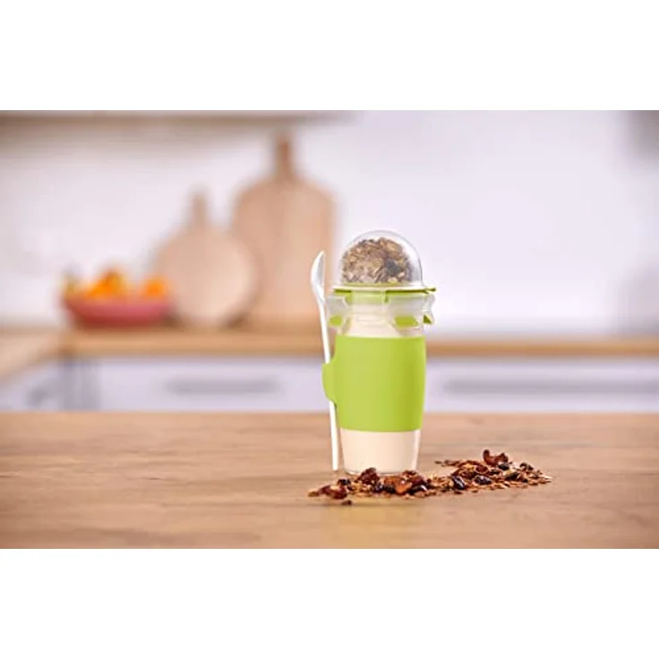 Emsa N1071400 Clip&Go Yoghurt Mug (Fassungsvermögen: 450 ml, Rund, inkl. Löffel und Topping-Fach) transparent-hellgrün – Bild 2