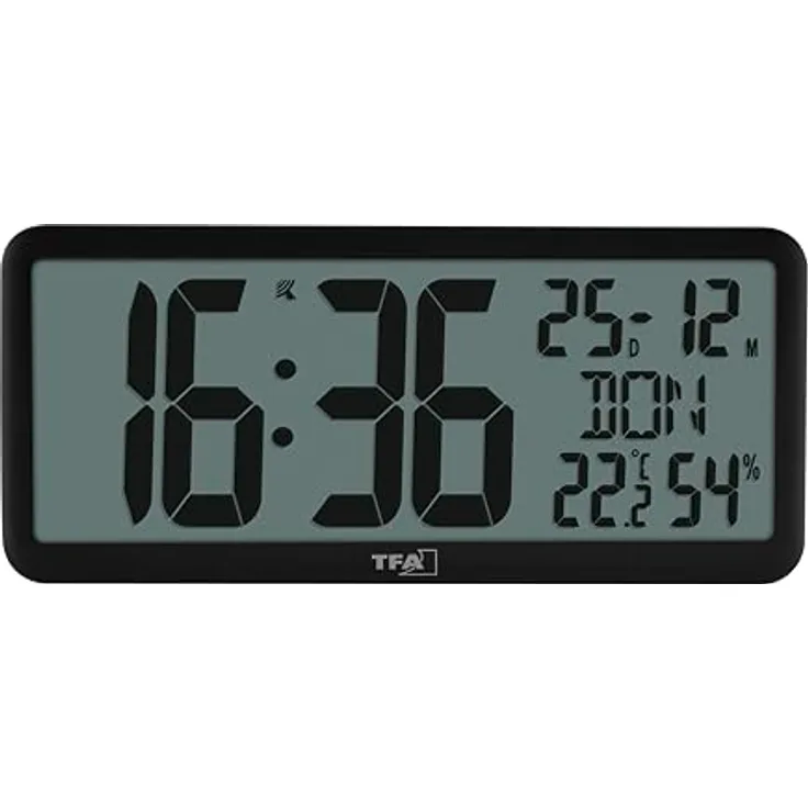 TFA Dostmann Digitale Wanduhr 60.4525, Funkuhr mit XXL Ziffern, Temperatur- und Luftfeuchtigkeitsanzeige, Kalender, schwarzes Design