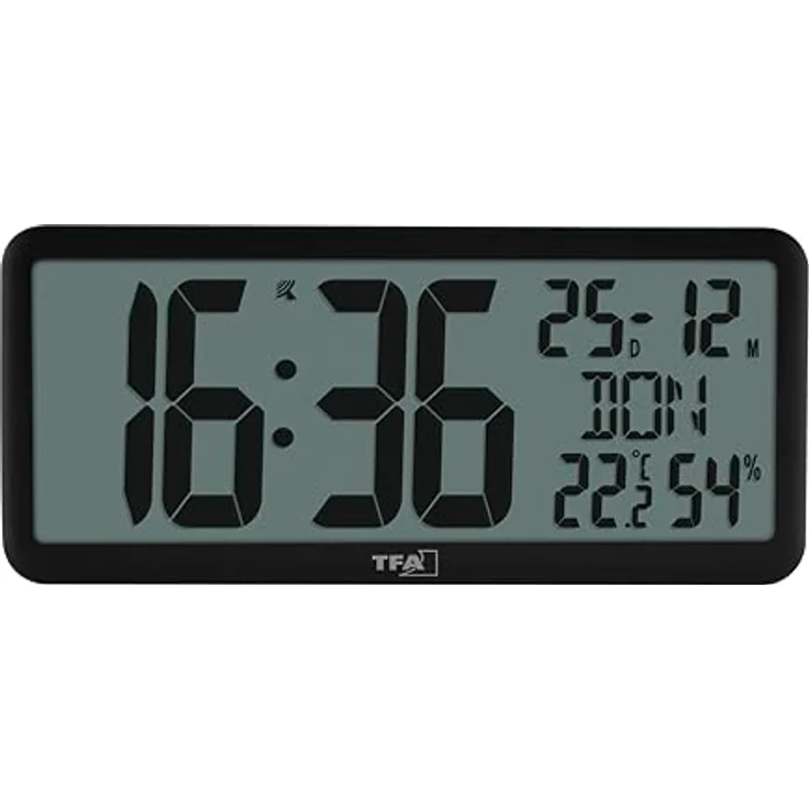 TFA Dostmann Digitale Wanduhr 60.4525, Funkuhr mit XXL Ziffern, Temperatur- und Luftfeuchtigkeitsanzeige, Kalender, schwarzes Design – Bild 1