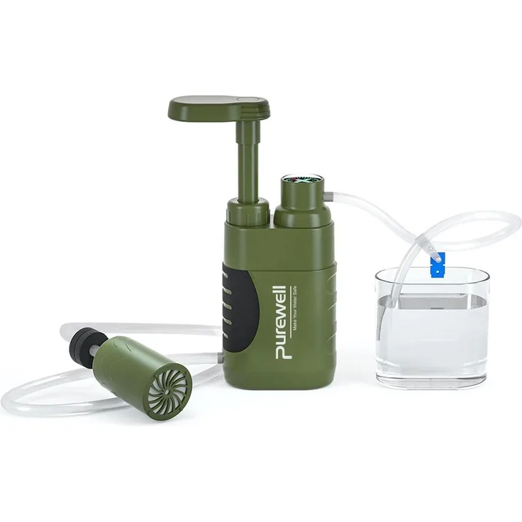 Purewell Wasserfilter Tragbar mit Pumpe, 0.01 Mikron 4-Stufen-Filtersystem, Grün, für Outdoor-Abenteuer