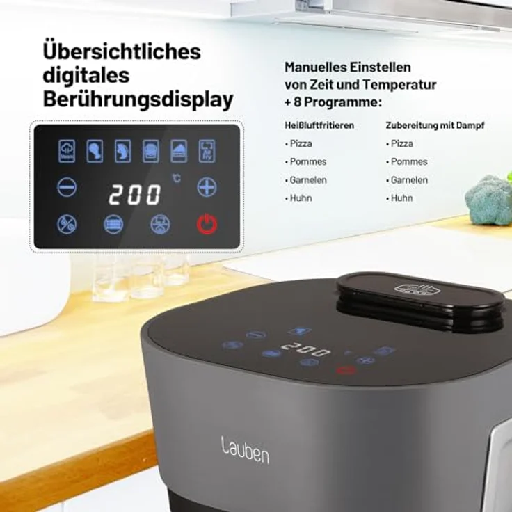 Lauben Glass&Steam Heißluftfritteuse 4500BG Air Fryer mit Glasfrittierkorb, Dampffunktion, 8 Programme, manuelle Zeit- und Temperatureinstellung, spülmaschinenfester Korb, Behältervolumen 4,5l – Bild 5