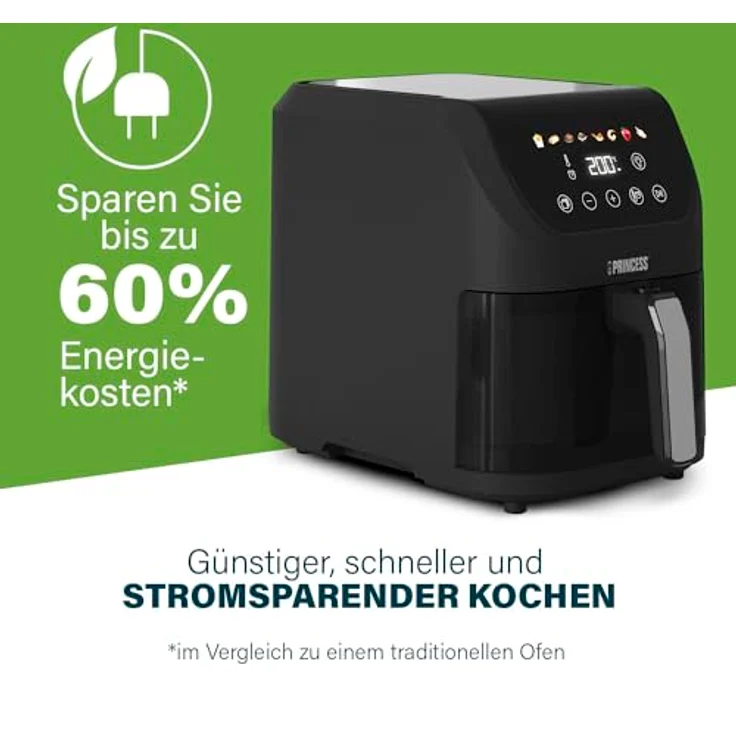 Princess Slim Airfryer 5L - Heißluftfritteuse mit 1500 W, Ölfrei, 8 Kochprogramme, Platzsparendes Design - Antihaftbeschichtung - Schwarz 182240 – Bild 4