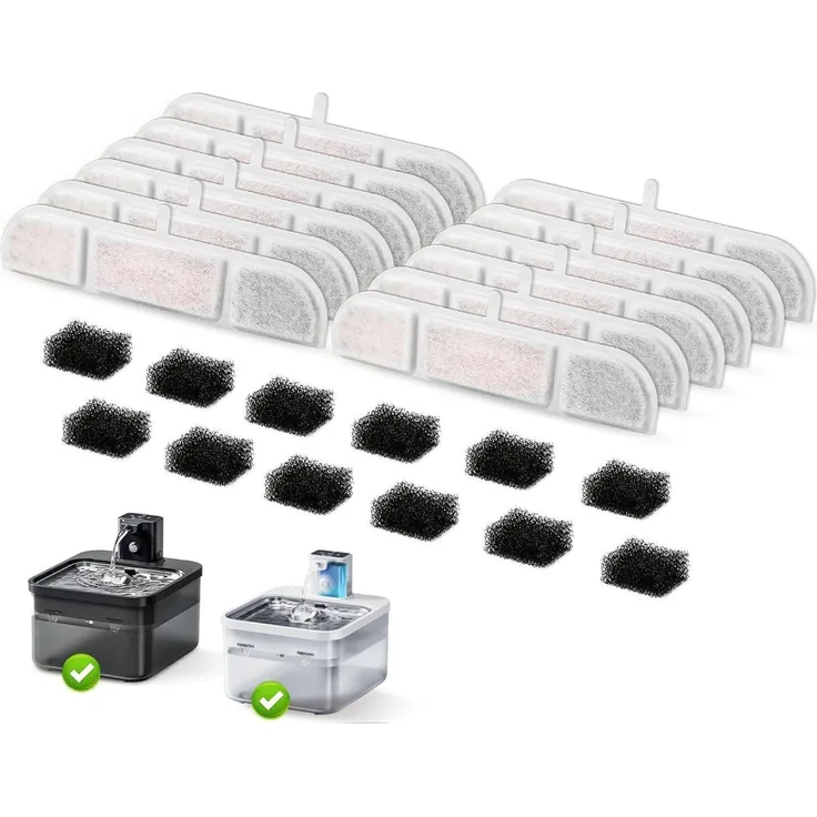 DownyPaws Katzenbrunnen Filter Set, 12 Ersatzfilter & 12 Schwämme, 5-stufiges Filtersystem für FurSink 1.0 & 2.0