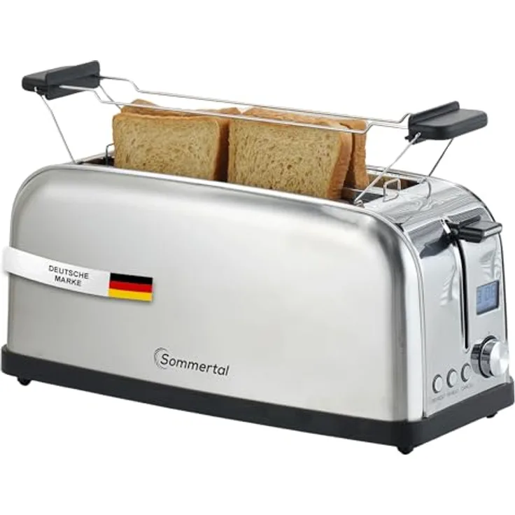 Sommertal Toaster ST1500 XXL, Langschlitztoaster mit Brötchenaufsatz, Display und Timer, Retro Design Edelstahl 1500W