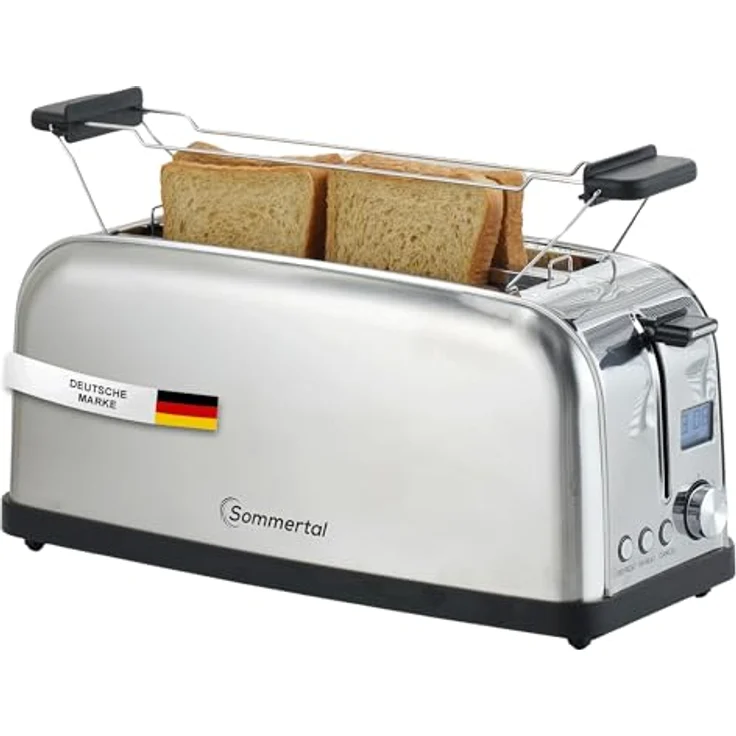 Sommertal Toaster ST1500 XXL, Langschlitztoaster mit Brötchenaufsatz, Display und Timer, Retro Design Edelstahl 1500W – Bild 1