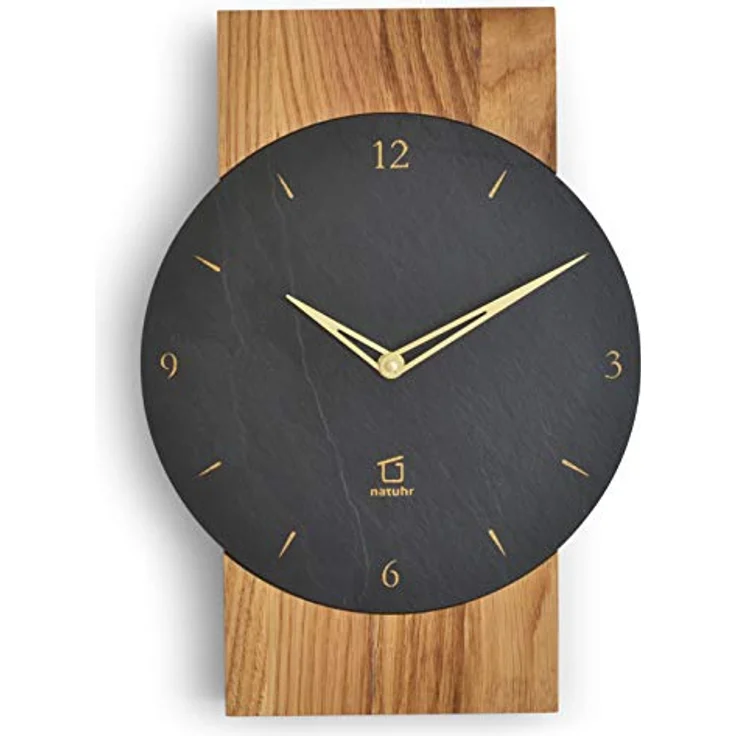 Natuhr Schiefer Wanduhr Steineiche, geräuscharm aus Eichenholz mit dunklem Schiefer und Quarz-Uhrwerk, Made in Germany – Bild 1