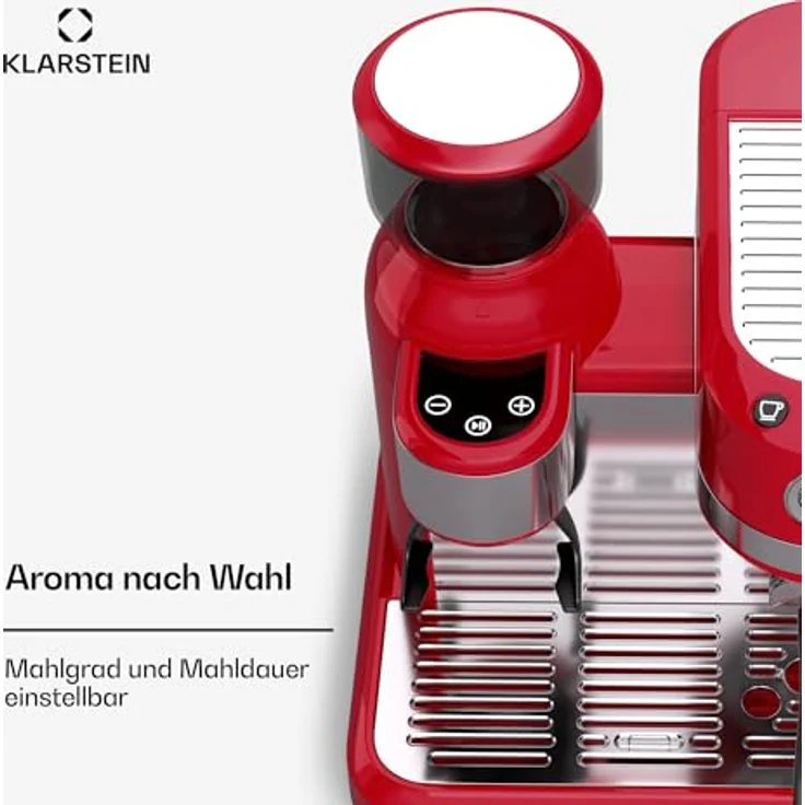 Klarstein Bella Café Siebträgermaschine Mit Mahlwerk – 19 Bar, 1.550 W, 1,4-l-Wassertank, Integriertes Kegelmahlwerk, Milchaufschäumer, 2 Tasseneinsätze, Kunststoff, Rot – Bild 4