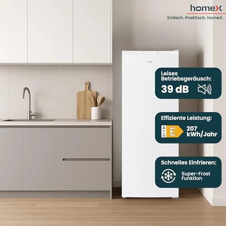 homeX FSN1611E-W Gefrierschrank No Frost, 161L Nutzinhalt, 4-Sterne Gefrieren, Super-Frost-Funktion, weiß – Bild 5
