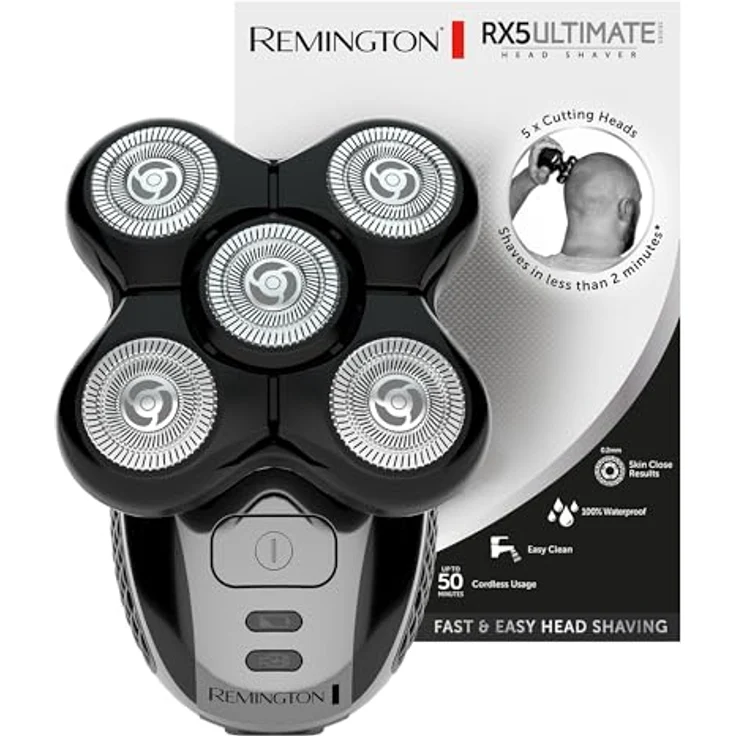 Remington Glatzen- Rasierer Herren elektrisch, Kopf- Rasierapparat Lithium (Schwarz, 5 Scherköpfe, glattes Rasurergebnis mit max. 0,2mm, Haar-Auffang-Kammer, Detail-Trimmer) XR1501 – Bild 1
