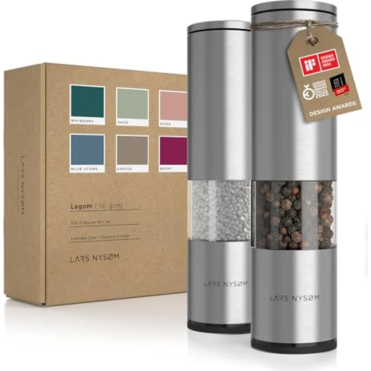 LARS NYSØM Salz und Pfeffer Mühle 2er Set Manuell mit einstellbarem Keramik-Mahlwerk von grob bis fein I Design Gewürzmühlenset (2 Stück) (Stainless Steel) – Bild 1