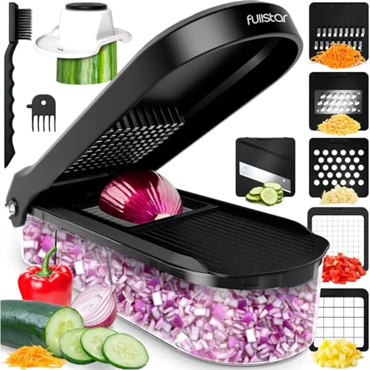 Fullstar Gemüseschneider und Mandoline, 6-in-1 mit rostbeständigen Edelstahlklingen, kompakt und spülmaschinenfest, schwarz