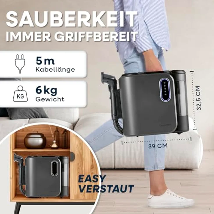 CLEANmaxx Teppichreiniger Pro Steam, 2000 W, inkl. EASYmaxx Teppichreiniger-Konzentrat, Vier Reinigungsmodi, Selbstreinigungsmodus, 1,6 m Schlauch, 5 m Kabel – Bild 9
