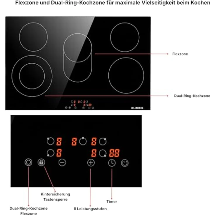 KB Elements Glaskeramikkochfeld ELK107PR, 8400 Watt, 5 Kochfelder, Flexzone, digitale Touchsteuerung, Sicherheitsfunktionen – Bild 4