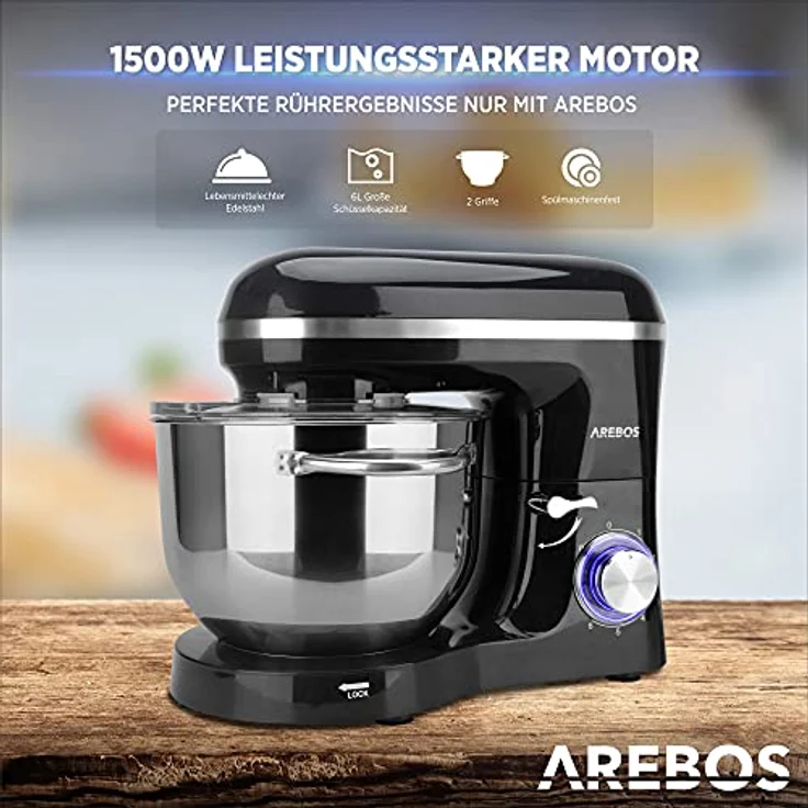 Arebos Küchenmaschine 1500W mit 6L Edelstahl-Rührschüssel | Schwarz | inkl. Rührhaken, Knethaken, Schneebesen | Spritzschutz | 6 Geschwindigkeiten | Knetmaschine | Teigmaschine – Bild 3