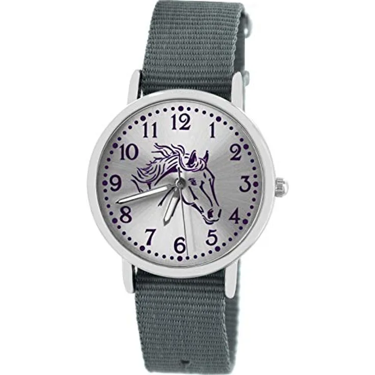 Pacific Time Mädchen Uhr Pferde, analog Quarz mit leuchtenden Zeigern und grauem Textil-Wechselarmband, 3,2 cm Gehäusedurchmesser