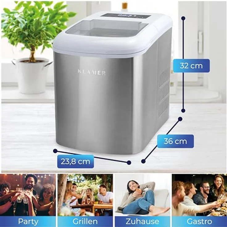 KLAMER Eiswürfelmaschine Weiss, 10 Eiswürfel in 7-9 Minuten, 15 kg Eiswürfel pro Tag, 2 Eiswürfelgrößen, 2,1 L Wassertank, 120 W Ice Maker mit Timer, Leiser Eiswürfelbereiter mit Eisschaufel – Bild 3