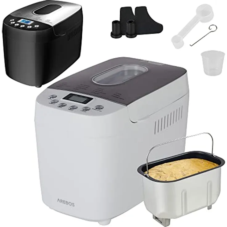 Arebos Brotbackautomat 1500g | mit 15 Programmen | 2 Knethaken | Timer | LCD Display | 3 Bräunungsgrade und Brotgrößen | 850 W | Weiß