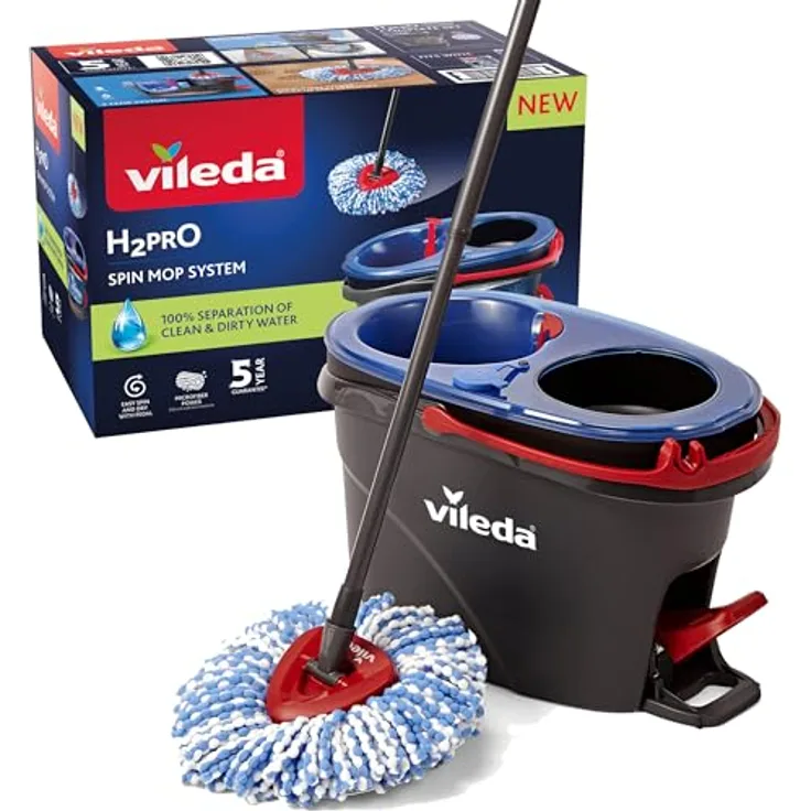 Vileda H2PRO Spin Mop Bodenwischer mit Zweitanksystem und Powerschleuder, 123 cm Teleskopstiel