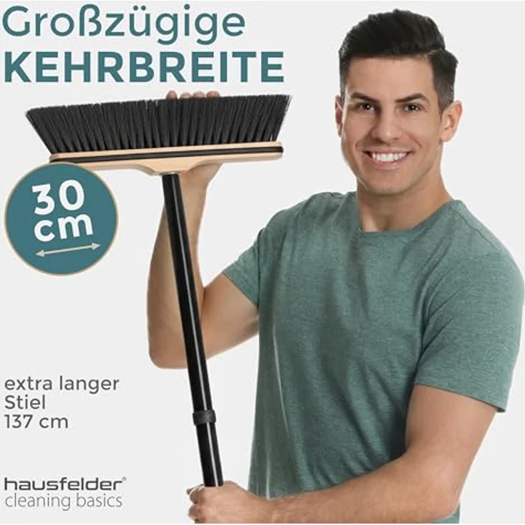 Hausfelder Staubbesen mit Kantenschutz, 30 cm breiter Zimmerbesen mit 4-teiligem Metallstiel and Drehgewinde – Bild 2