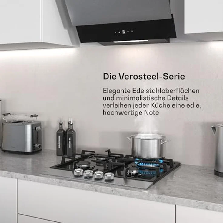 Klarstein Verosteel Gaskochfeld, 4-Brenner, 8000W, 60cm, Glas & Edelstahl, Flammenausfallschutz, elektrisch zündbar, Flüssiggas/Erdgas – Bild 2