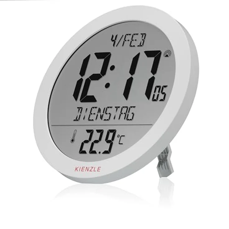 Kienzle Funkwanduhr Tischuhr mit 18,7 cm Display, DCF-Zeit, Datum und Temperaturanzeige, 2 Weckzeiten, Schlummerfunktion, weiß – Bild 1