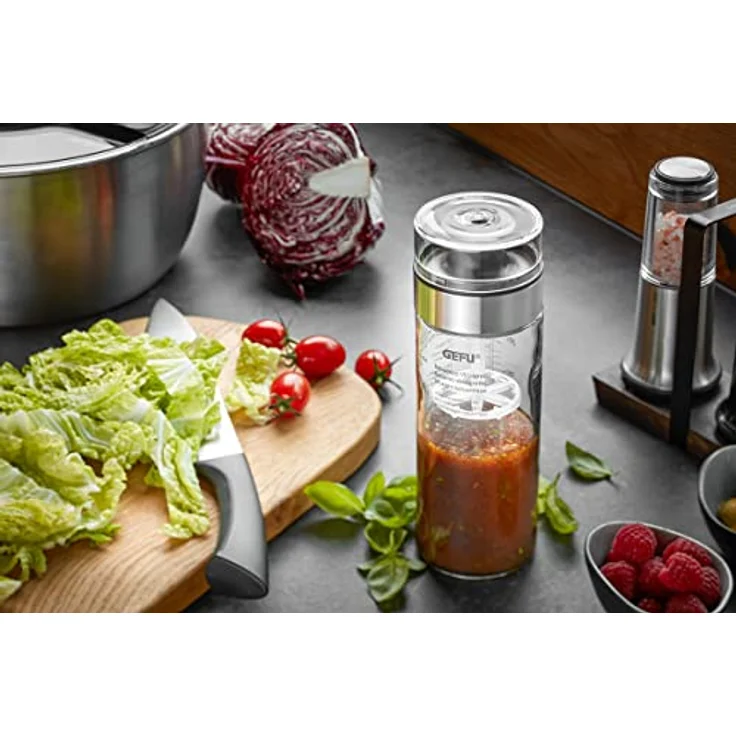 GEFU Dressing Shaker MIX, auslaufsicherer Glas-Kunststoff-Mischer mit Doppelskala (ml/oz), 350 ml – Bild 2