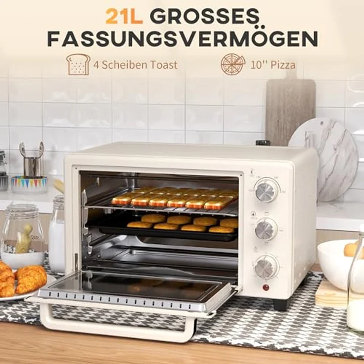 HOMCOM Mini Backofen 21L Pizza-Ofen, Miniofen mit 1h Timer, Ofenrost, 100-230 ℃, Metall, Creme – Bild 3