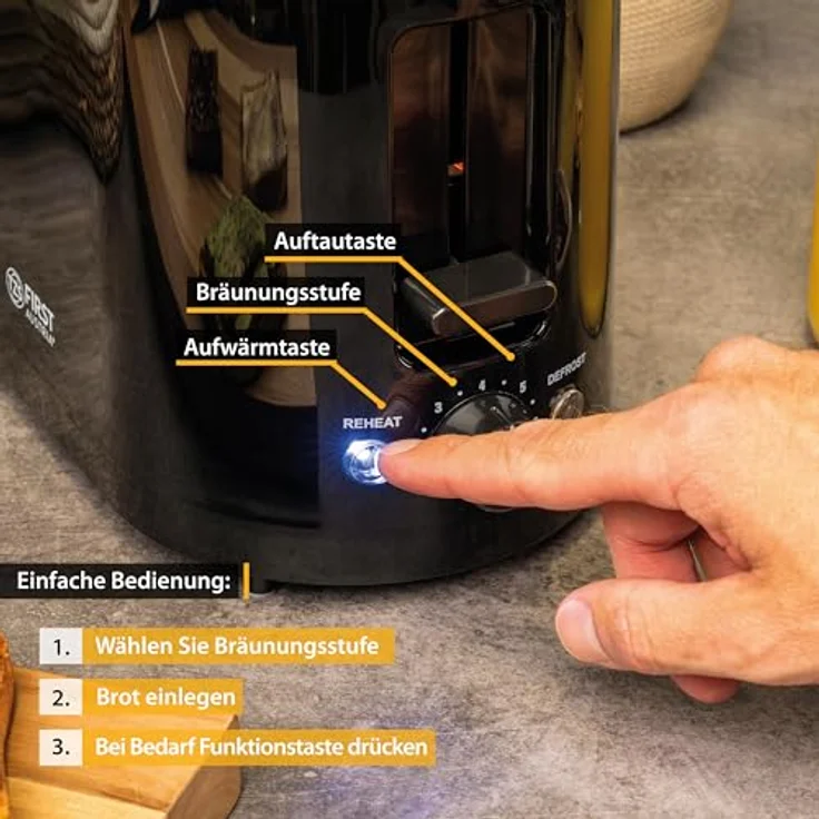 TZS First Austria Doppel Kurzschlitz Toaster, 2 Scheiben, schwarz, 750W, 7 Stufen, Warmhalte- und Auftaufunktion, inkl. Krümelschale – Bild 4