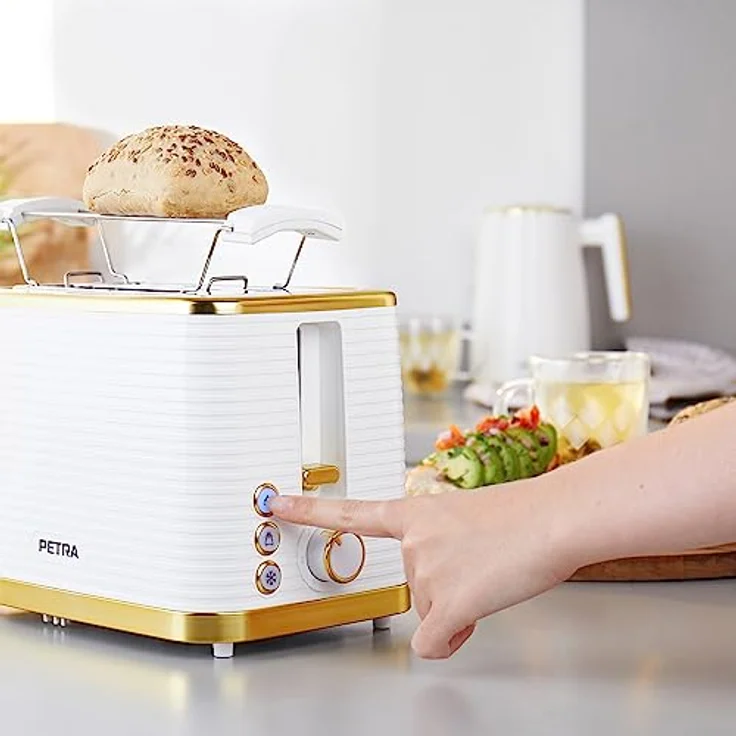 Petra PT5032WVDE 2 Scheiben Toaster – Inklusive Brötchenaufsatz, 7 Bräunungsstufen, 930W, Weiß/Gold – Bild 4