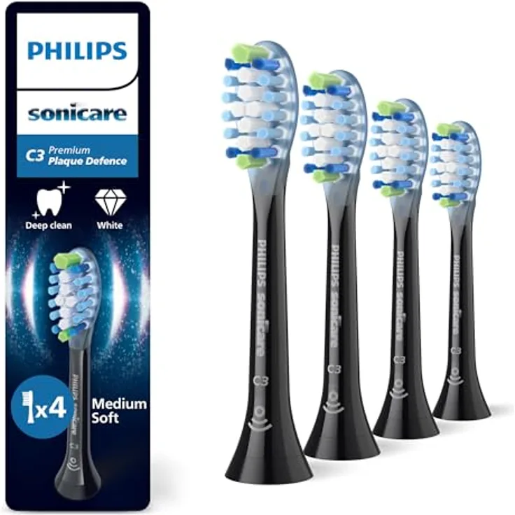 Philips Sonicare C3 Premium Plaque Defense, Original Ersatzbürstenköpfe, Schwarz, 4er-Pack, HX9044/88, entfernt bis zu 10x mehr Plaque, tiefenreinigend, biobasiert