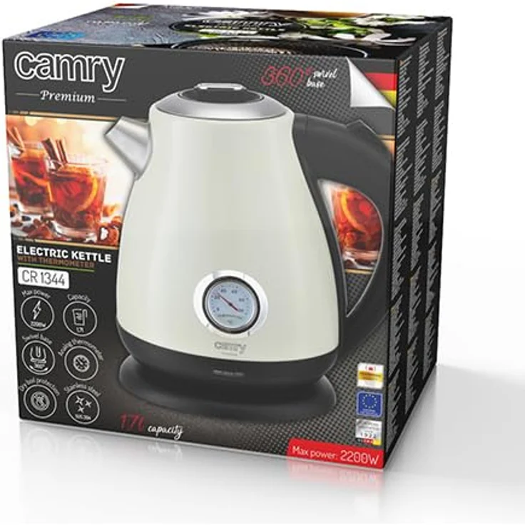 Camry CR 1344 Wasserkocher, 2200 Watt, 1,7L, Edelstahl, mit Thermometer, Wasserstandsanzeige, creme – Bild 6