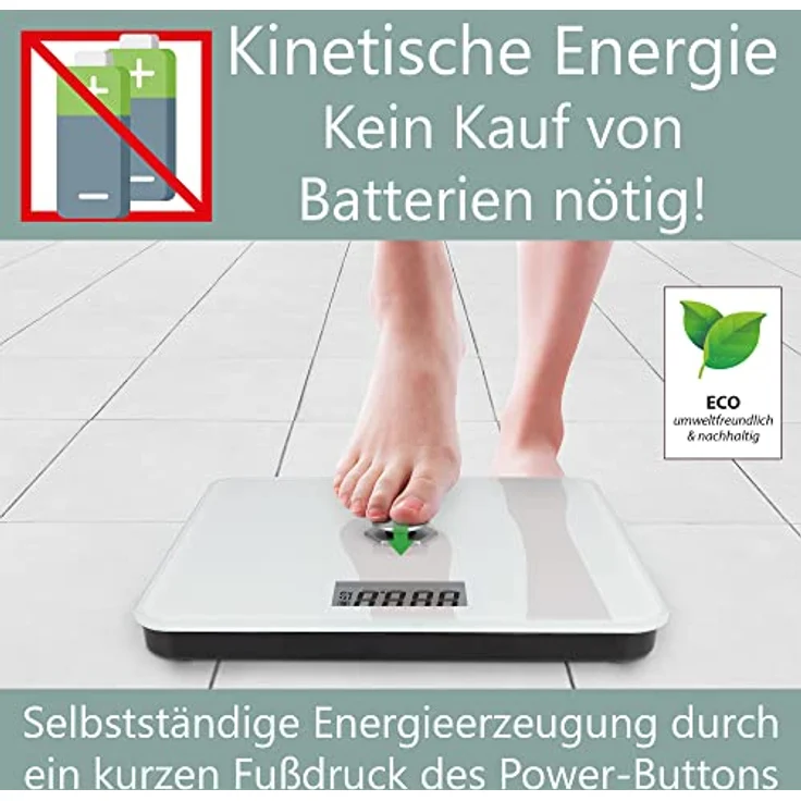 ProfiCare® Personenwaage ohne Batterie, Waage mit Messbereich von 5g – 180 kg und großem LCD-Display, Personenwaage digital mit kinetischer Energie und Glasoberfläche – PC-PW 3112 weiß – Bild 2