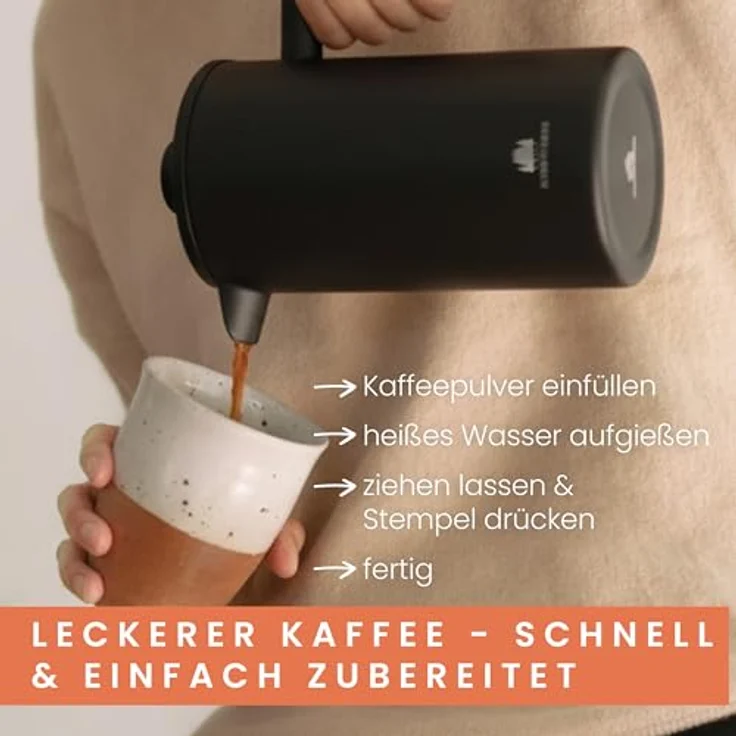 GRØNENBERG French Press Kanne, Edelstahl Kaffeebereiter mit Thermo Effekt, 0,6 oder 1 Liter, inkl. 3 Ersatz-Filter – Bild 6