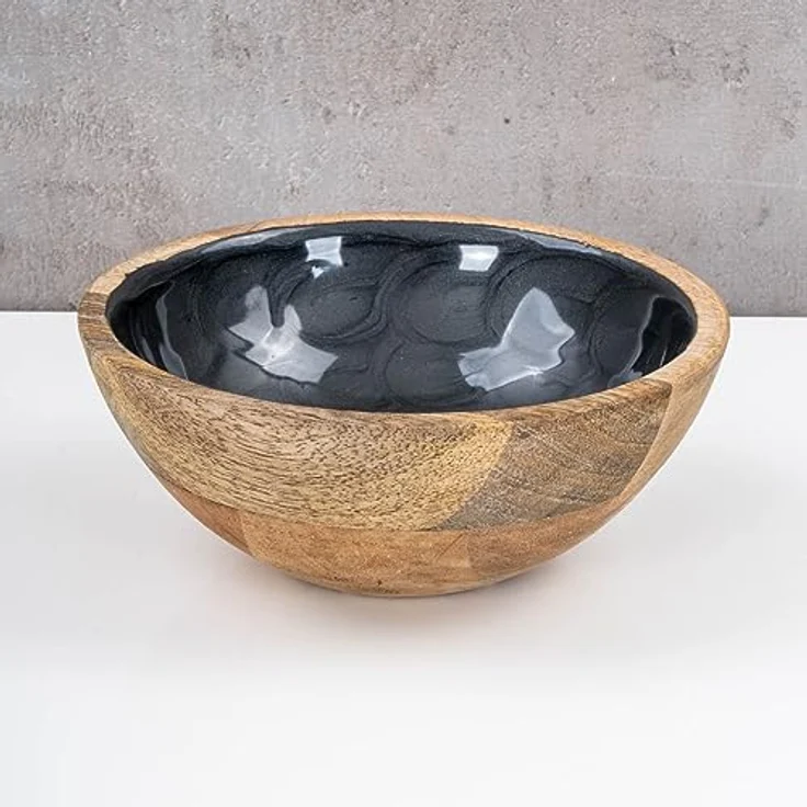 levandeo Schüssel 15cm Mango Holz Grau Perlmutt Emaille Salatschüssel Unikat rustikal modern – Bild 3