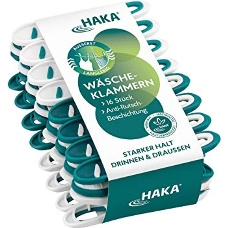 HAKA Wäscheklammern, 16 Stück, stabil & langlebig, ohne Abdruck, UV-beständig, wetterfest, extra griffig, für empfindliche Wäsche