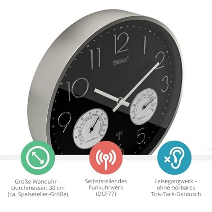 Mebus Funk-Wanduhr mit Thermo- und Hygrometer, Modell 12988 - Funktional und elegant, silberner Rahmen, schwarz – Bild 2