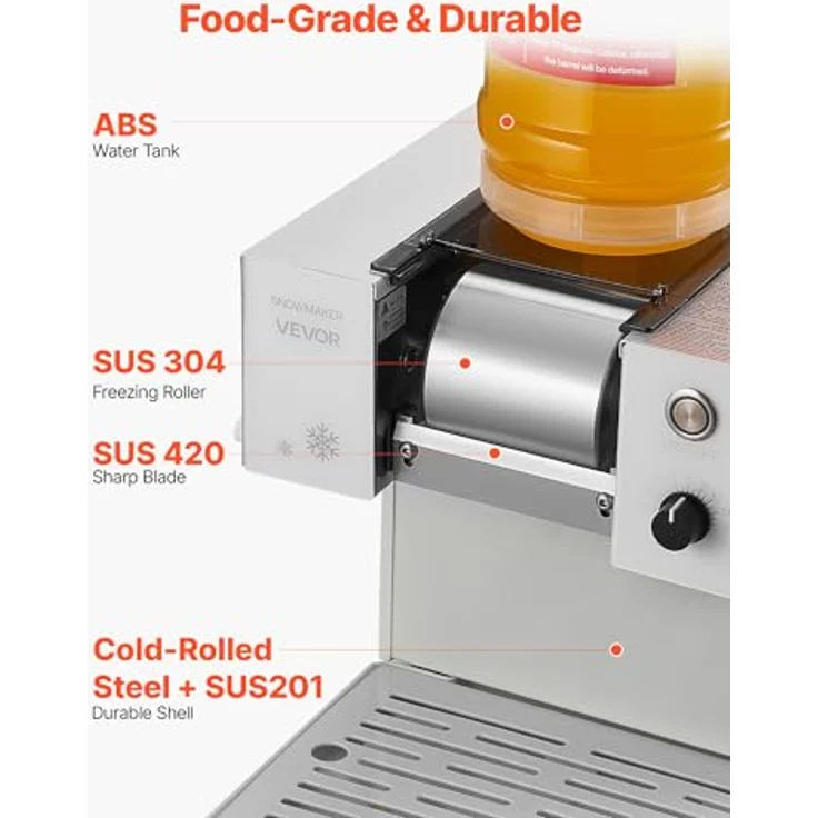 VEVOR Schneeflocken-Eismaschine DB60, 60 kg/Tag Eis-Rasiermaschine mit Edelstahlklinge, 1,8 L Tank, 90-s Schnellkühlung, für Zuhause und kleine Veranstaltungen – Bild 6